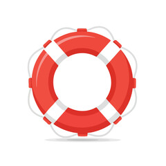 A red and white circular life preserver with rope handles, casting a soft shadow