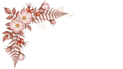 Soft botanical watercolor corner frame featuring wild roses and fern in terracotta and blush pink isolated on white background.png