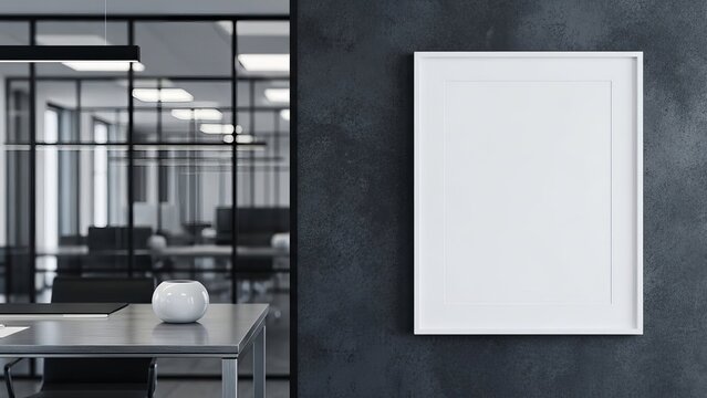 Modern office interior with empty white frame and glass partition - Powered by Adobe