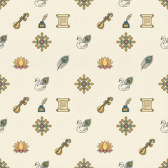 Indian Cultural Symbols Seamless Pattern with Veena Lotus Swan Peacock Feather image