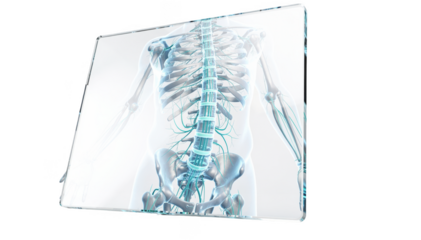 Futuristic 3D hologram of spine and spinal cord displayed on transparent screen highlighting detailed vertebrae and neural pathways in cool blue tones against white background.