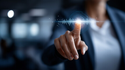 Faceless businessperson using artificial intelligence agent virtual assistant with voice waveform interface visualization concept of AI support system voice bot technology smart