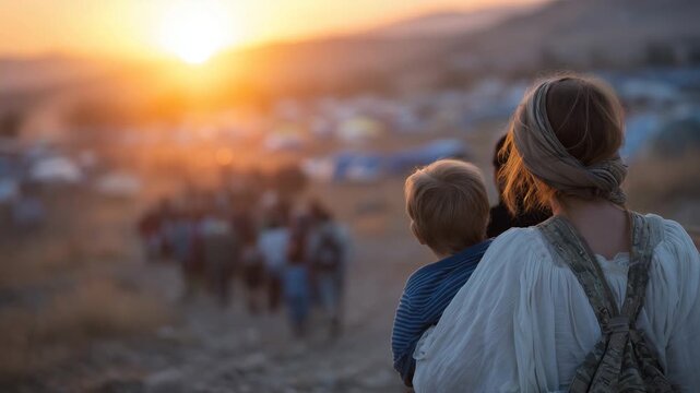 59A wide back-view scene of exhausted refugees moving in a winding line across cracked earth, a woman clutching her child close in the foreground, their silhouettes illuminated by a