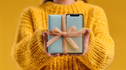 Online shopping promotion featuring young woman with gift box and Cyber Monday smartphone screen