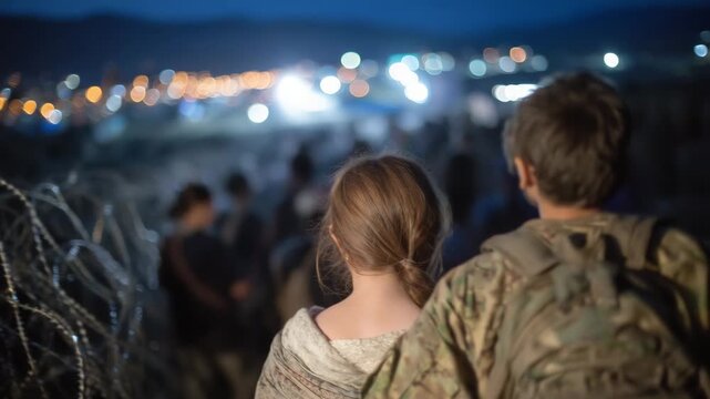 63Endless line of refugees captured from behind, the woman guiding her child forward, their silhouettes merging with the crowd as they approach a distant, guarded crossing illuminate
