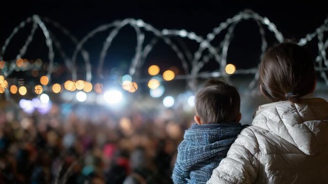 65Endless line of refugees captured from behind, the woman guiding her child forward, their silhouettes merging with the crowd as they approach a distant, guarded crossing illuminate