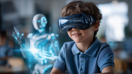 Child wearing virtual reality headset learning with artificial intelligence hologram and robot assistant visualization concept of STEM education innovation robotics learning dig