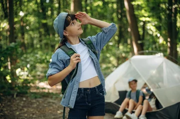 Fotobehang Diamanten Three friends. Girls kids are in the forest, hike conception  © standret