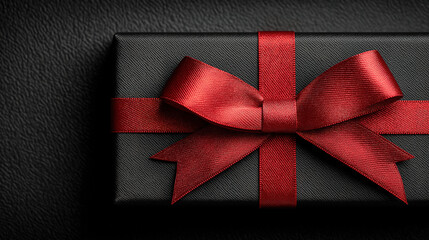 Cyber Monday and Boxing Day composition with black gift box red ribbon and copy space for text