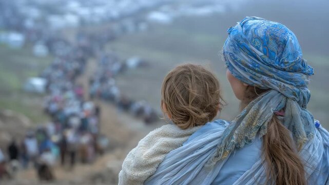 70Back view of a mother and child among hundreds of refugees moving slowly in a serpentine line, heading toward a fog-shrouded border checkpoint that sits barely visible on the horiz
