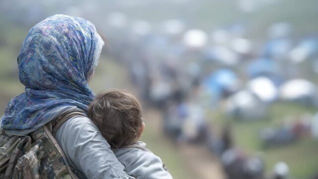 71Back view of a mother and child among hundreds of refugees moving slowly in a serpentine line, heading toward a fog-shrouded border checkpoint that sits barely visible on the horiz