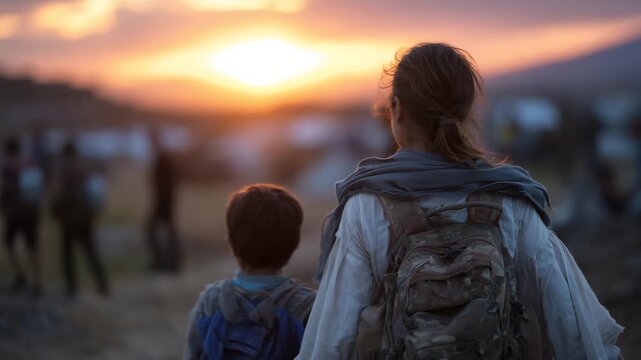 74Back shot of displaced families walking with heavy backpacks and blankets, the woman and child closest to the viewer, heading toward a border post barely glowing under a fading sun