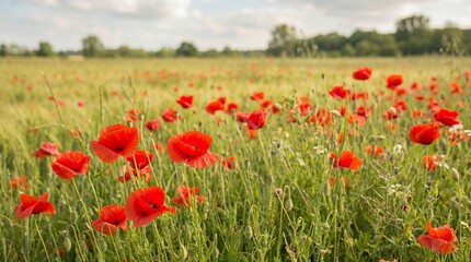 Fototapeta premium A vibrant poppy field stretches towards the horizon, bathed in sunlight. The crimson petals dance in the breeze, creating a stunning visual display.