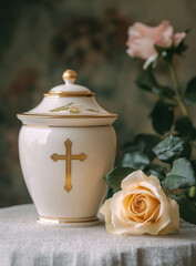 Elegant beige ceramic urn with golden cross and rose