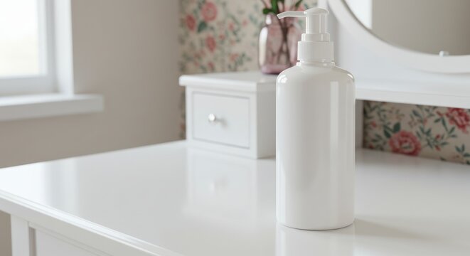 White Plastic Pump Bottle on White Dresser in Bright Bedroom with Floral Wallpaper and Mirror