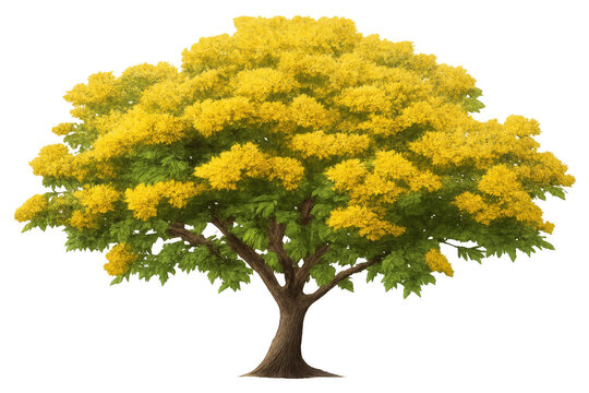 Peltophorum pterocarpum tree displaying vibrant yellow flowers, lush green foliage on transparent background