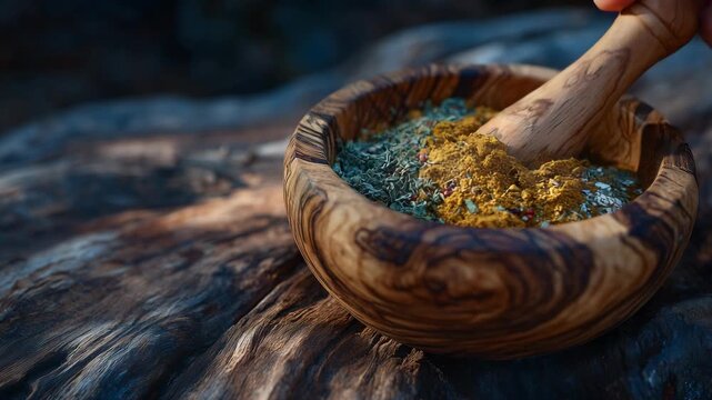 111A beautifully lit close-up of a rustic wooden pestle and mortar used to blend spices for sausages, showcasing textured wood grain and vibrant seasoning colors