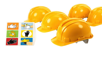 Hard hats arranged beside durable worker hand protection signage highlighting skin care instructions and glove usage on a stark white surface.