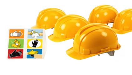 Hard hats arranged beside durable worker hand protection signage highlighting skin care instructions and glove usage on a stark white surface.