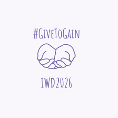 Give to gain banner. Womens day 2026 poster. Palms. text. Minimalistic card for web design. Vector illustration