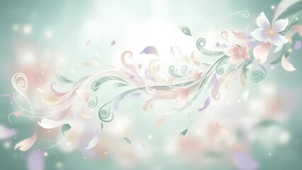 Flowing floral graphic material on a green background: Pastel color background material, mint and pale pink palette, airy fantasy style