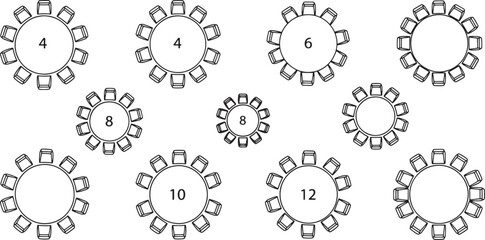 A detailed diagram presents the seating arrangement of various circular tables, each accommodating a specific number of guests, designed for seamless event planning and efficient space management.