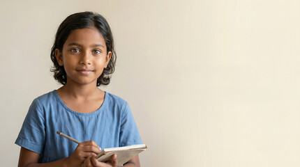 Young girl writing in notebook with smile representing National Girl Child Day  