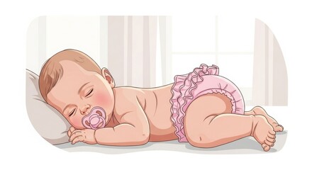 A baby girl in a pink ruffled diaper sleeps soundly on a pillow with a pacifier.