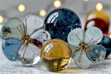 Glass flowers and orbs arranged on a table with blurred lights in the background during daylight hours