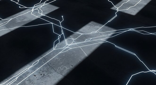 Abstract Network of Glowing Blue Lines on Dark Concrete Surface Representing Digital Data Flow, Futuristic Technology, and Interconnected Information Pathways in a Dynamic Grid Pattern - Powered by Adobe