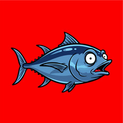 Cartoon Illustration of Shocked Blue Tuna Fish on Red