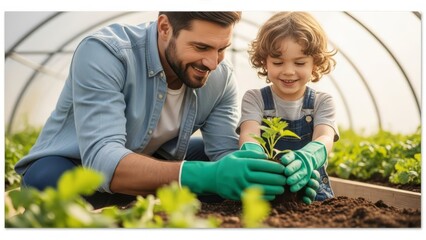 Father and son planting seedlings together in a greenhouse, happily working in the soil.