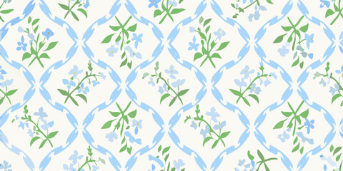 Materiał do szycia Delicate floral pattern with blue and green blossoms on a light background