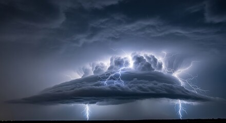 Majestic and powerful supercell thunderstorm unleashing a breathtaking display of lightning strikes across the dark, ominous sky, showcasing nature's raw and electrifying force