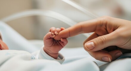 Newborn baby's hand gripping adult's finger in a crib.