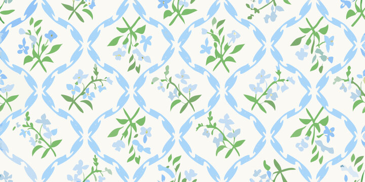 Delicate floral pattern with blue and green blossoms on a light background