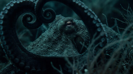 Artistic photo of marine life depicting an octopus in blue tones
