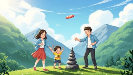 Joyful family plays frisbee outdoors with mountains and sky
