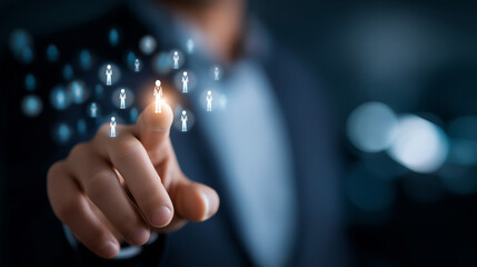 Faceless user selecting audience target on virtual screen for digital marketing business strategy visualization customer segmentation interface personalization tools online adv