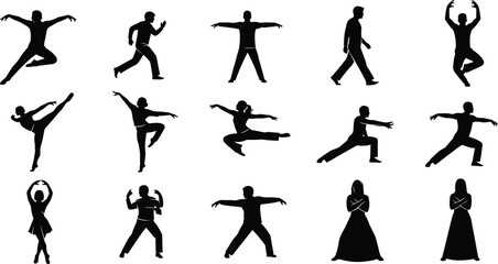 dance, dancer, movement, motion, pose, action, performance, fitness, yoga, martial, arts, silhouette, vector, black, illustration, people, human, collection, isolated, white