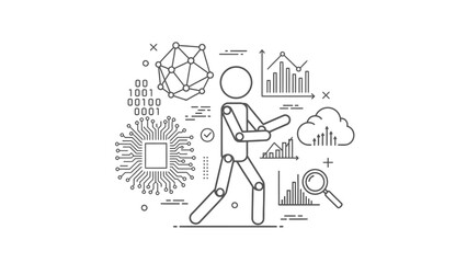 Stick Figure Man Progressing with CPU Chip, Cloud Computing, and Big Data Analytics, Isolated White Background
