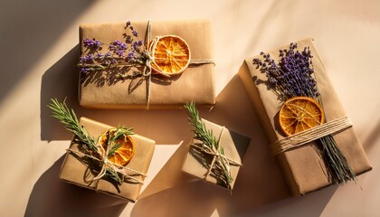 Handcrafted Gift Boxes Wrapped In Natural Kraft Paper Adorned With Rustic Hemp Rope And Botanical Decorations Including Lavender And Orange Slices Bathed In Warm Sunlight