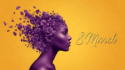 Abstract portrait of a woman dissolving into purple particles against a golden background