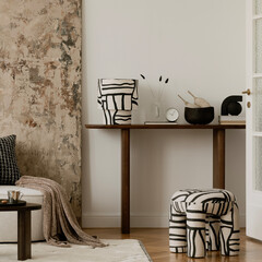 Naklejka na ściany i meble Stylish interior with abstract patterns, earthy tones, and sculptural furniture in a contemporary setting.