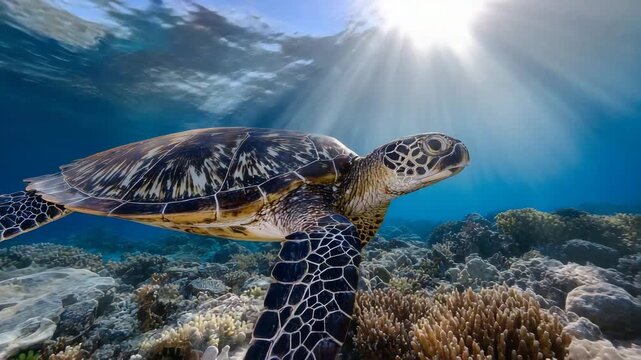 134A dynamic moment capturing a reef turtle gliding peacefully above Menjangan&rsquo;s vibrant corals, sunlight rays breaking through the surface in brilliant patterns