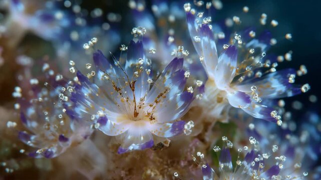 137Macro close-up of coral polyps at Menjangan Island, their delicate tentacles opening gracefully as tiny fish and shrimp move gently between them