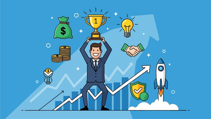 A businessman celebrating success with a trophy amidst rising graphs and financial symbols in a vibrant blue environment