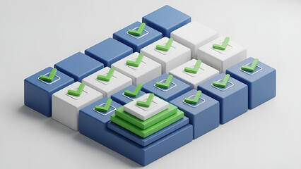 Structured arrangement of blue and white blocks with green checkmarks, symbolizing successful task completion, achievement, and strategic progression in a clean, abstract digital environment