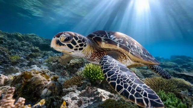 136A dynamic moment capturing a reef turtle gliding peacefully above Menjangan&rsquo;s vibrant corals, sunlight rays breaking through the surface in brilliant patterns