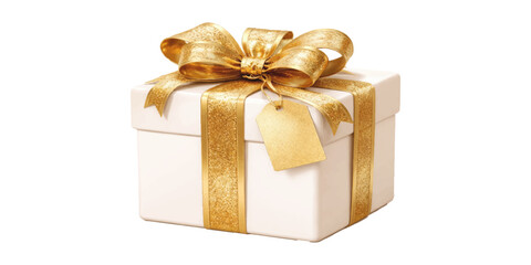 Fototapeta premium Golden gift box with red ribbon bow and wrapping paper, isolated on a white background, perfect for a Christmas, birthday, valentine day or anniversary celebration present